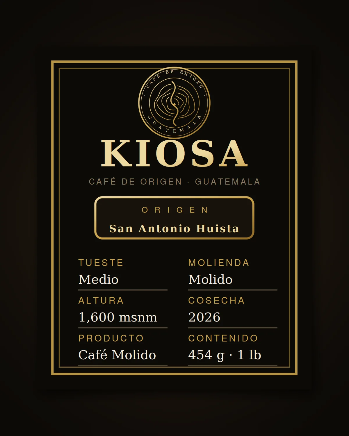 Etiqueta del café KIOSA de San Antonio Huista, Huehuetenango: 1,600 msnm