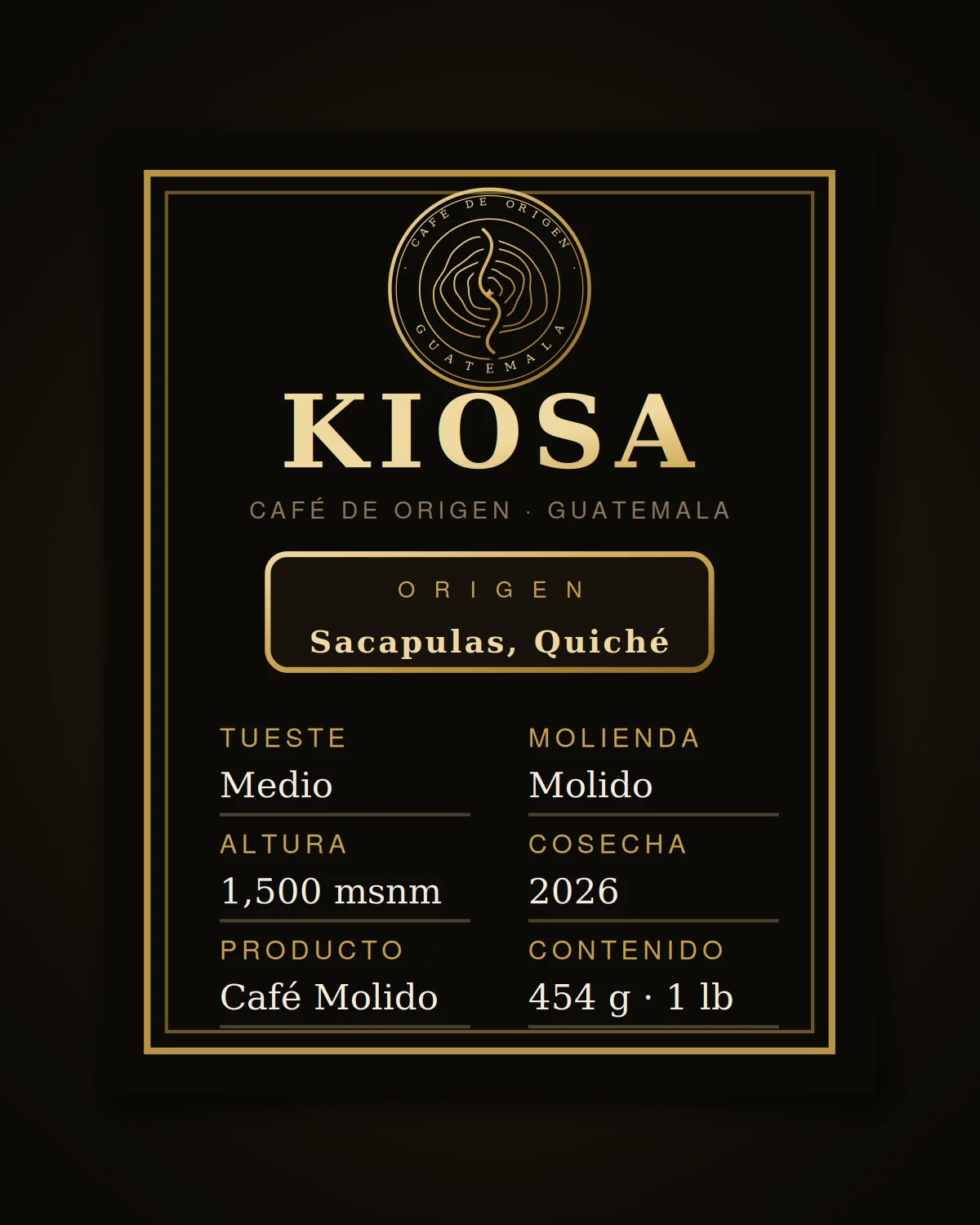 Etiqueta del café KIOSA de Sacapulas, Quiché: 1,500 msnm
